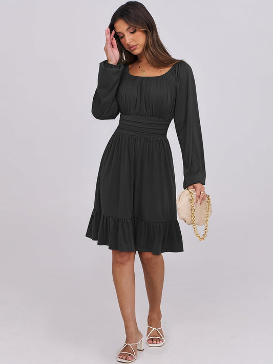 ANRABESS Womens Dress Long Lantern Sleeve Square Neck Elastic Waist Ruffle Flowy Swing A-Line Short Dresses 2025 Fall Fashion